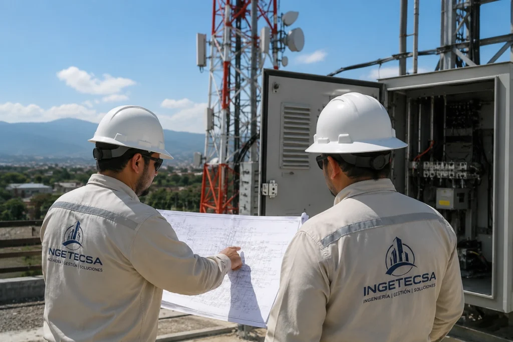 Ingenieros de INGETECSA revisando planos de ingeniería, energía y telecomunicaciones.