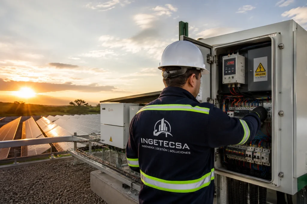 Técnico de INGETECSA realizando mantenimiento en un sistema eléctrico con paneles solares